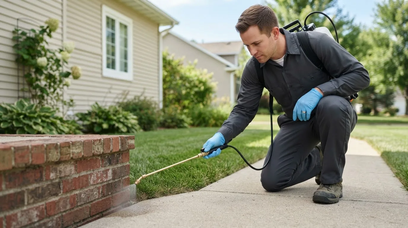 Pest control technician treating a home near Centerville, PA