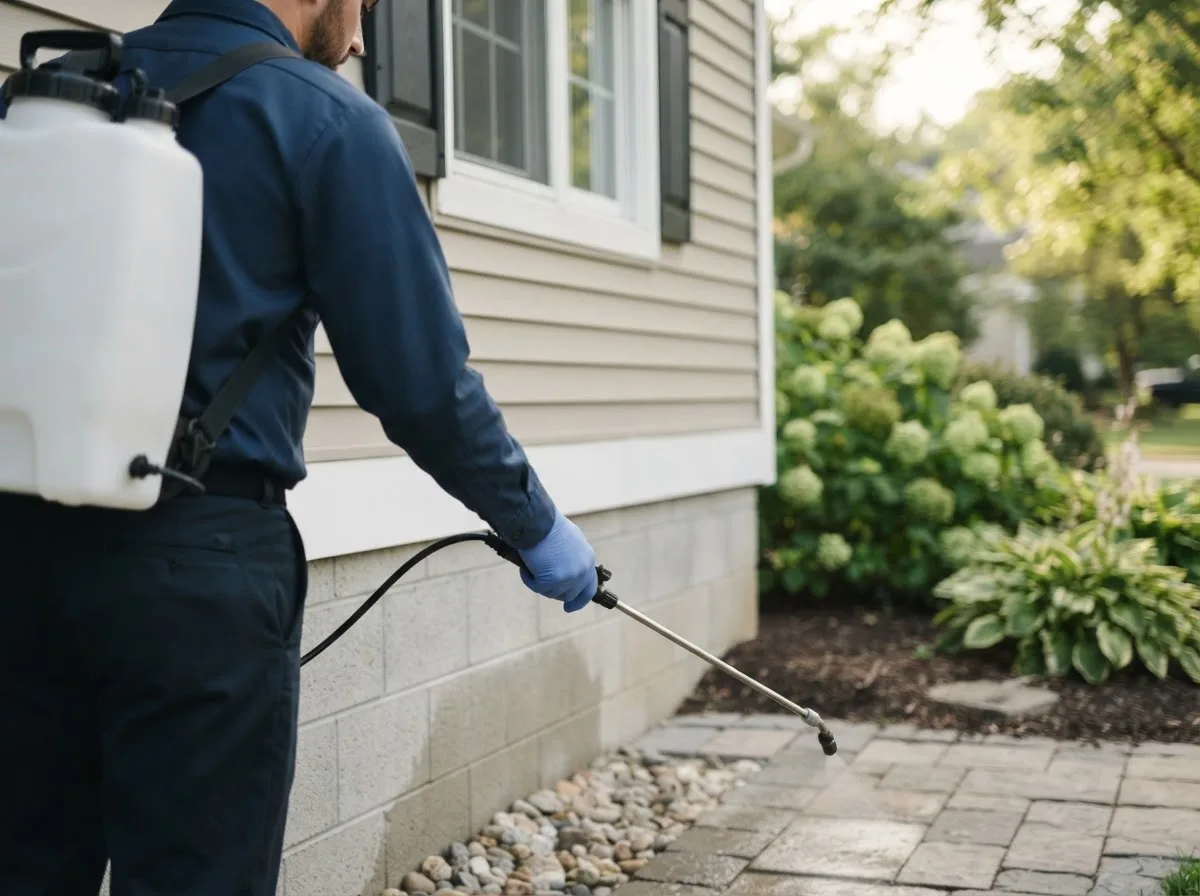 Pest control technician inspecting a home in Centerville, PA